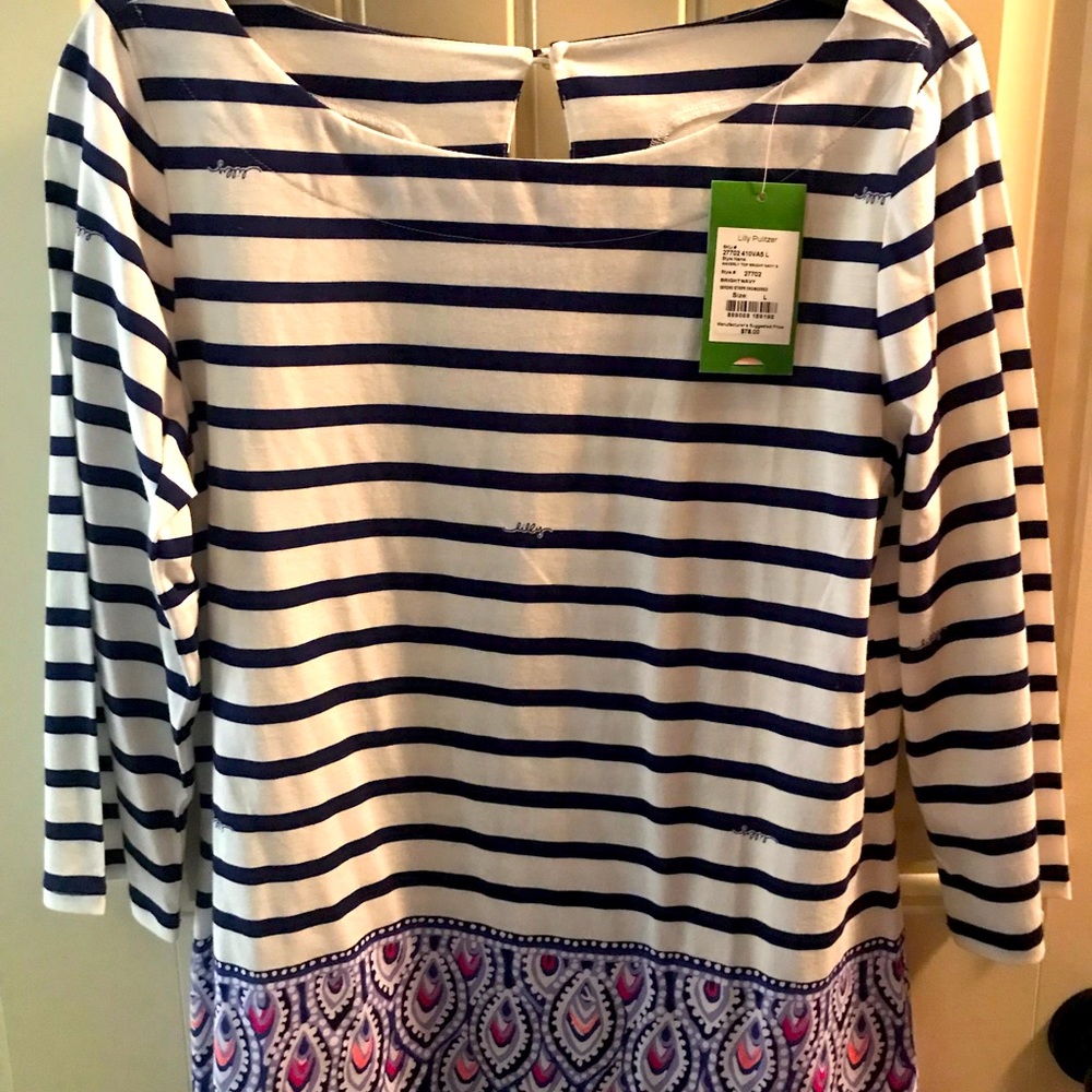 Lilly P Waverly top, sz large, navy and white.